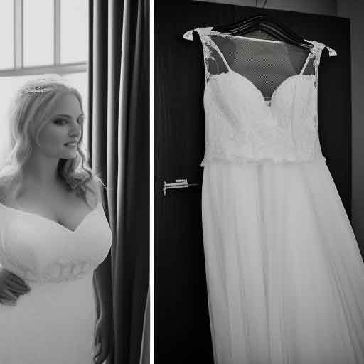 Black and White Photo of BBW looking at wedding dresses