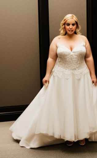 Blurry photo of lady trying on wedding dress against plain wall