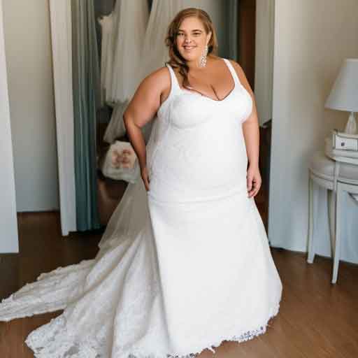 Curvy Bride who is happy and trying on wedding down.