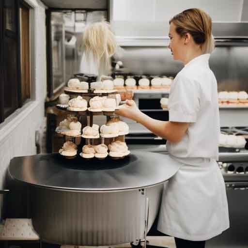 woman setting up cupcake display in for cooking show